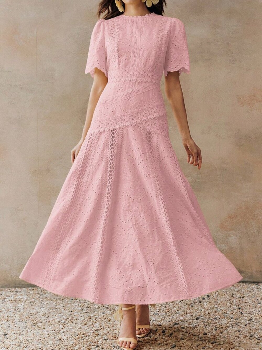 Pink Elegant Women's Round Neck Short Sleeve Dress
